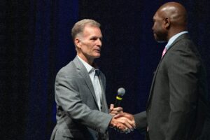 President Dr. Dondi Costin welcomes Chapel speaker Major General Rodney Lewis at Chapel