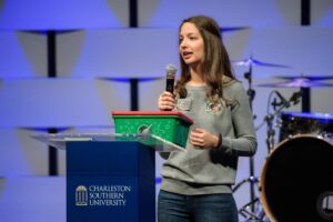 Yuliya Shubina speaks at the Chapel for Operation Christmas Child