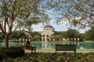 A view of the science building from across the reflection pond at CSU