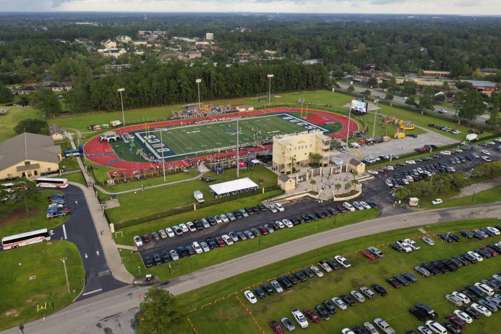 A birds eye view of Whitfield Stadium Center and Buccaneer Field