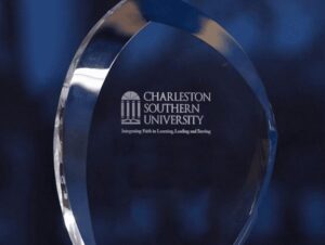 A glass award with the CSU logo engraved for Awards Day 2020