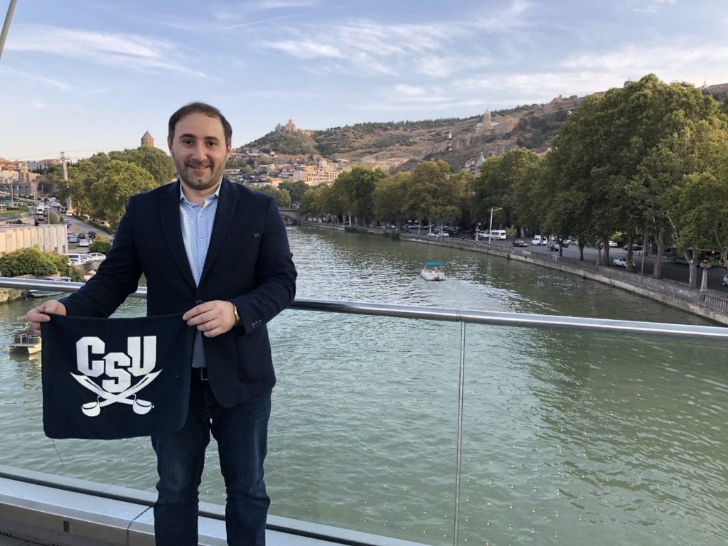David Gamkredlize ’08 shows his CSU pride in the Georgian capital of Tbilisi.