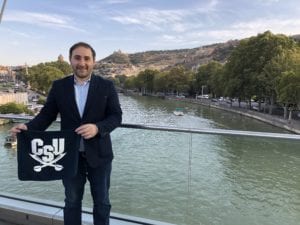 David Gamkredlize ’08 shows his CSU pride in the Georgian capital of Tbilisi.