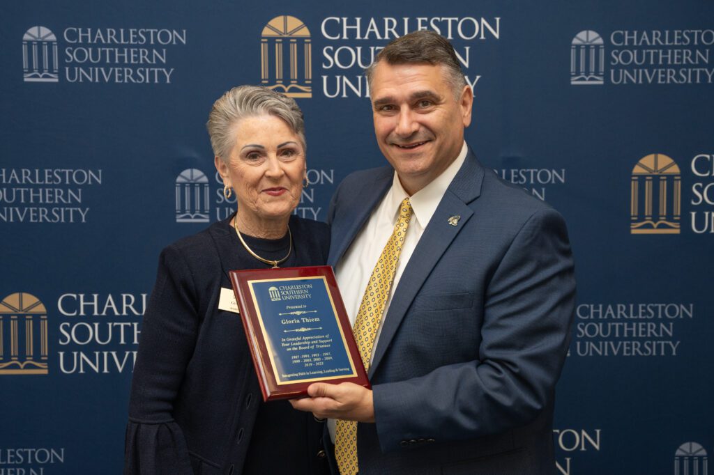 President Faulkner gave the Trustees honored for service award to Gloria Thiem