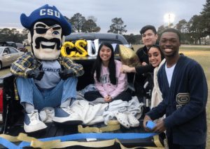 Charleston Southern students hang out with Bucky at the CSU Drive In.