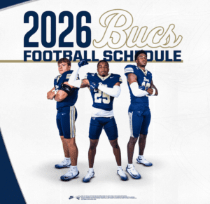 "2026 Bucs Football Schedule" with three football players posing