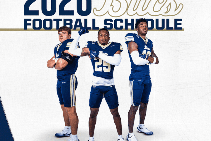 "2026 Bucs Football Schedule" with three football players posing