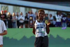 Charleston Southern's Maeva Tahou NCAA Championships in the triple jump featured with awards and trophy.