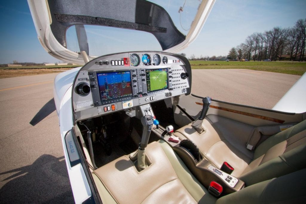 The cockpit of a small plane.