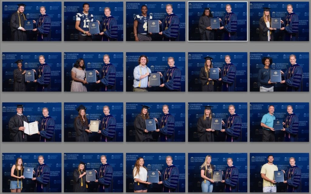 Charleston Southern students picked up their diplomas on campus and grabbed a photo with President Costin