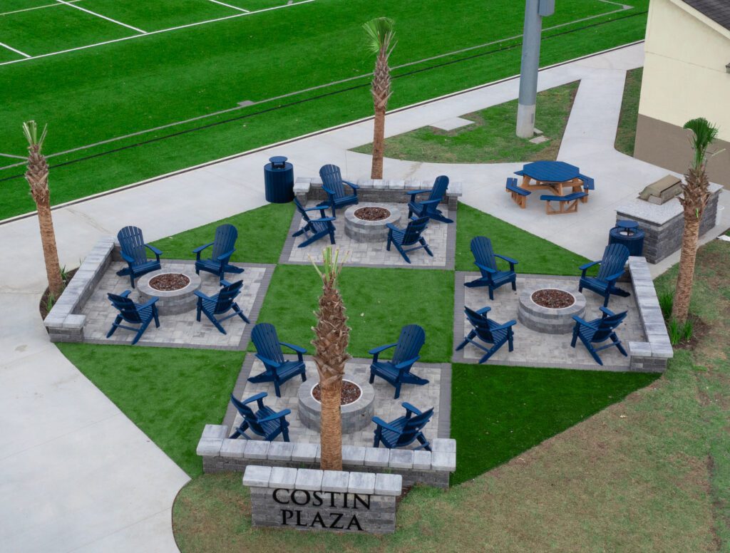 A place were students can chill by the fire. The place is called the Costin Plaza.